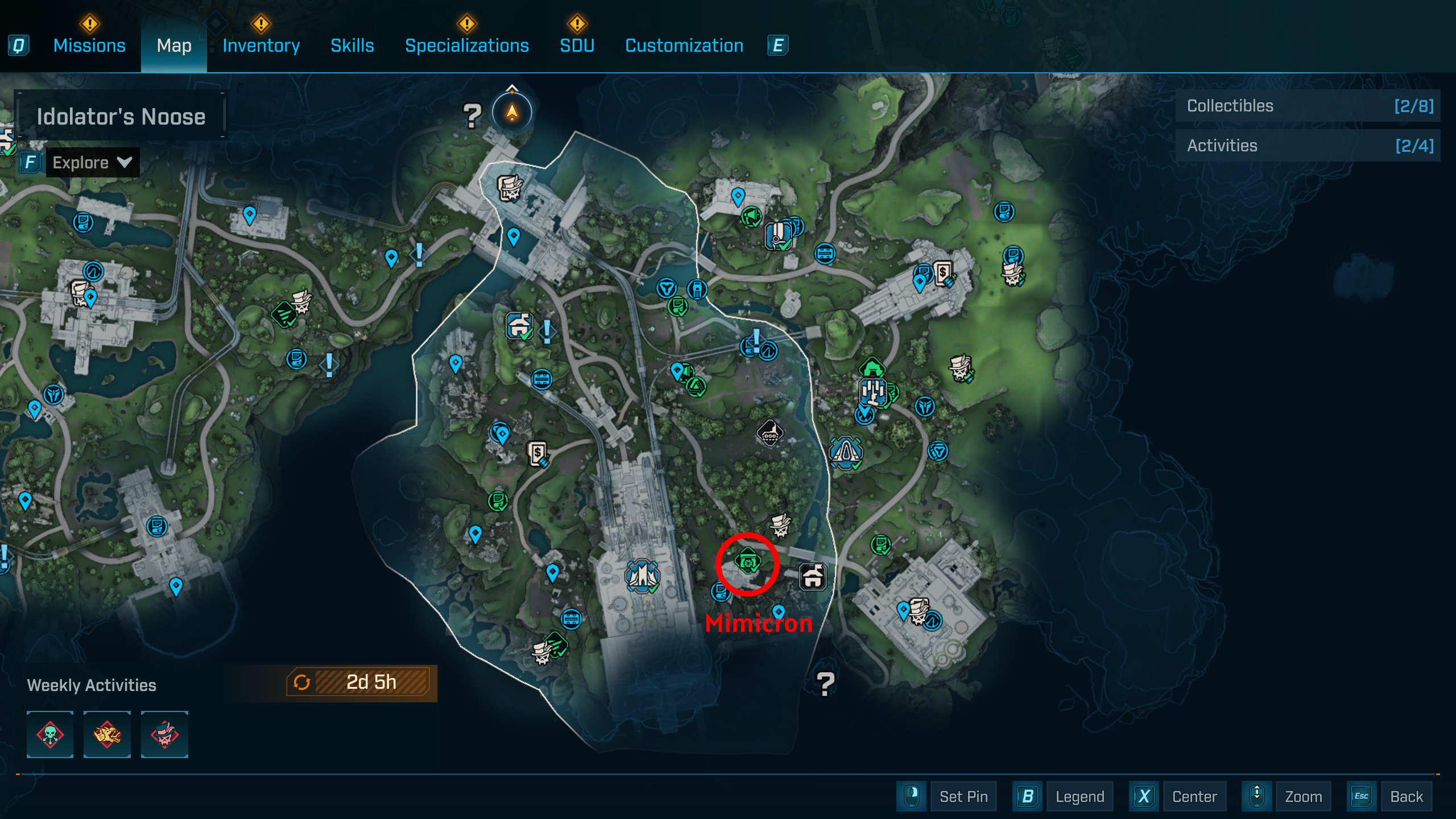 Borderlands 4 UVHM unlocks: A map with a red circle showing the location of the Mimicron boss in Fadefields.