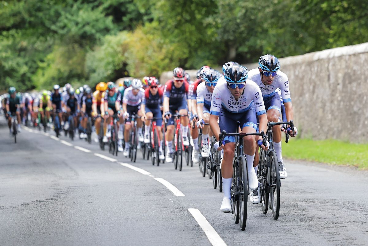 Picture by Alex WhiteheadSWpixcom 05092022 Cycling 2022 AJ Bell Tour of Britain Stage 2 Hawick to Duns Scotland Alex Dowsett of Team Israel Premier Tech leading the peloton