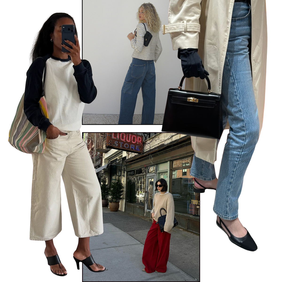 Collage of women wearing different spring 2026 jeans trends.