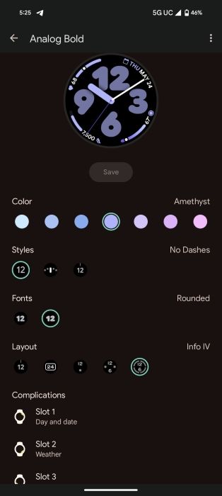Pixel Watch 2 watch face on the Pixel Watch app