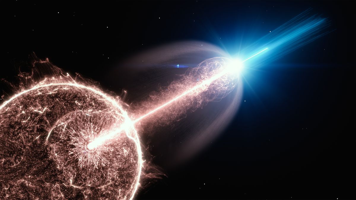 An artist&#039;s depiction of a gamma-ray burst&#039;s relativistic jet full of very-high-energy photons breaking out of a collapsing star.