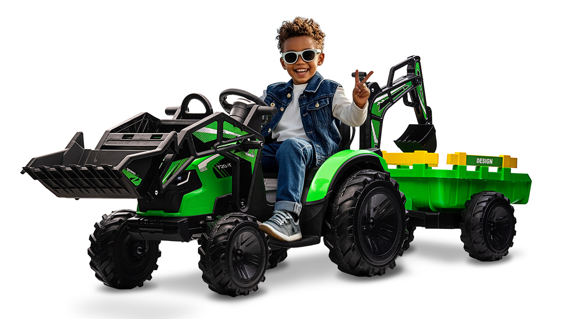 A child riding the Garvee ride-on toy tractor