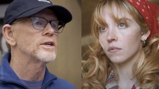 Ron Howard in his signature blue hat and ball cap in his interview with On Depth with Graham Bensinger, Sydney Sweeney dressed down, red bandana, in Americana (2025). 