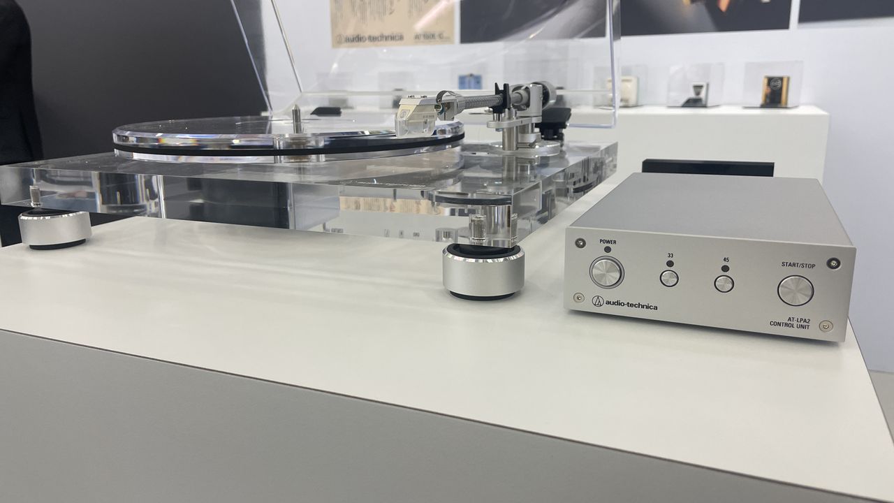 Audio-Technica AT-LPA2 transparent turntable on stand