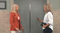 Cynthia Watros and Laura Wright as Nina and Carly by elevators in General Hospital