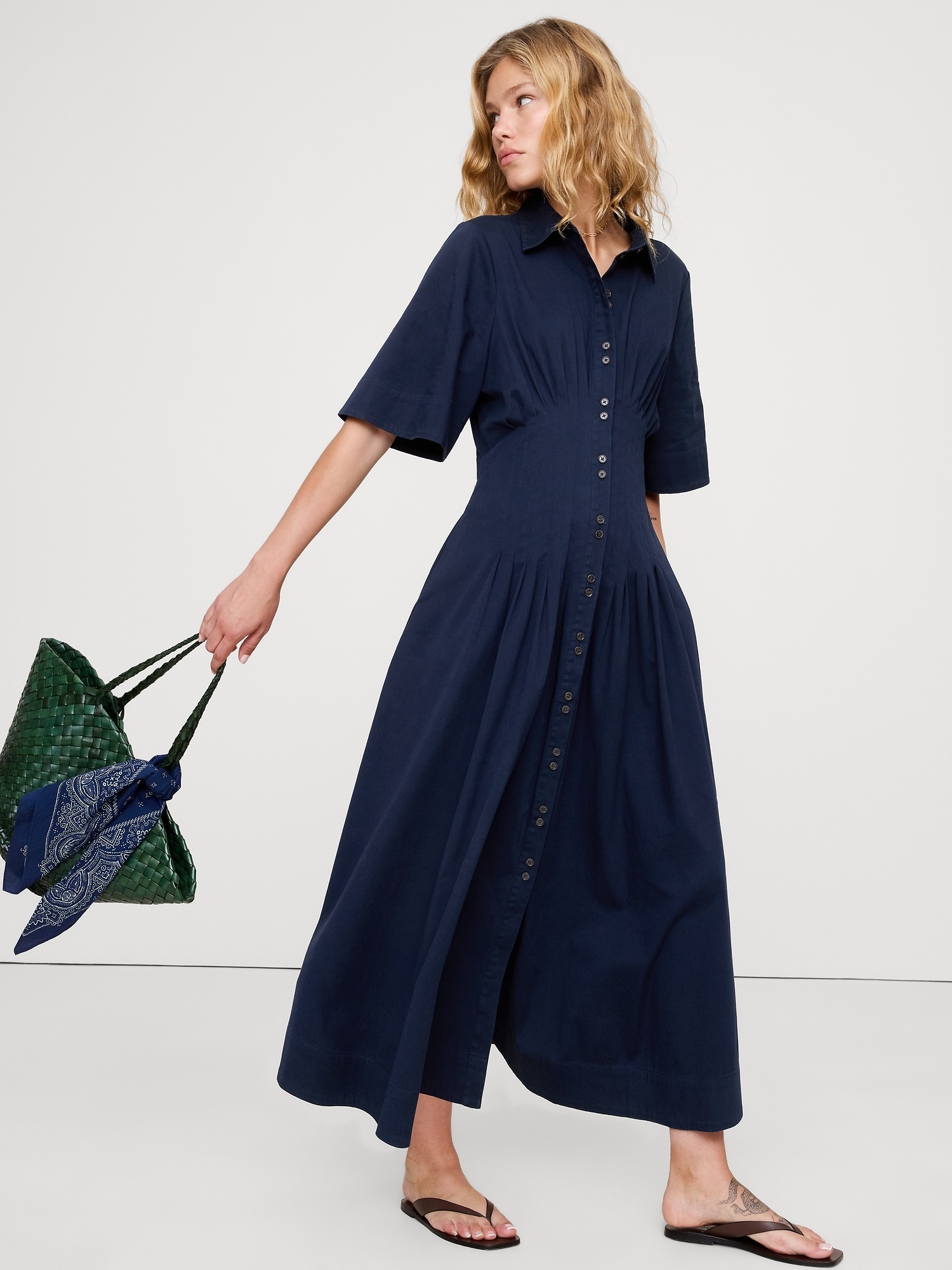 Banana Republic, STRETCH-COTTON POPLIN PINTUCK LONG-MIDI SHIRT DRESS