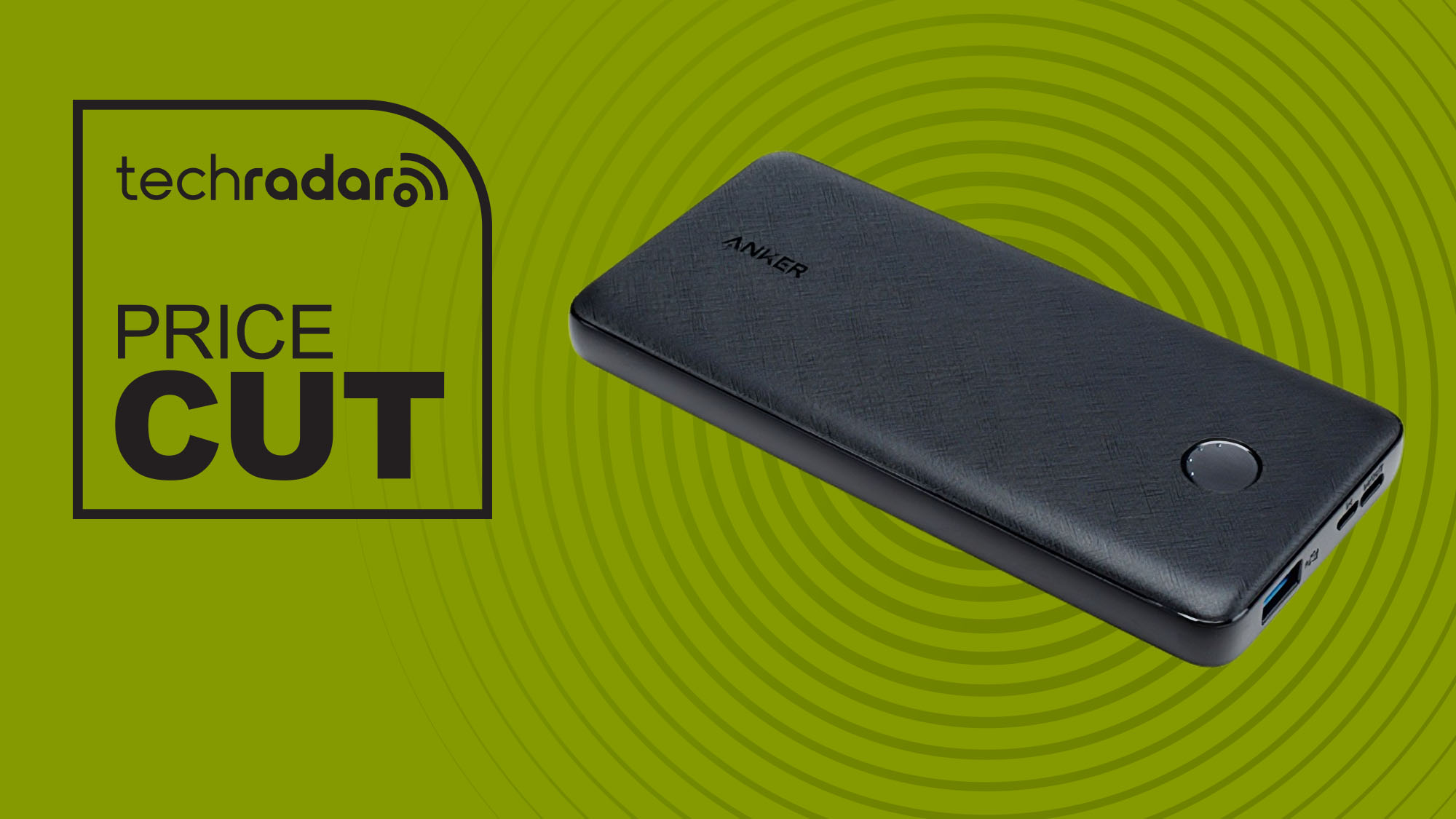 Anker PowerCore Slim 10000 Power Bank 10K on green background with TechRadar price cut sign