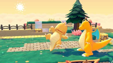 A screenshot of Ditto transformed into Dragonite - flying next to the real Dragonite - in Pokemon Pokopia.