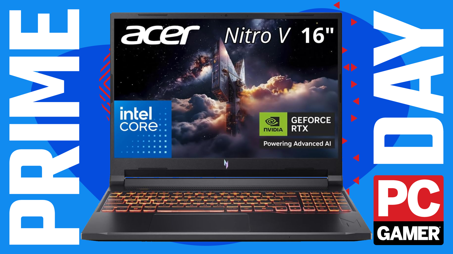 An Acer Nitro V 16 RTX 5070 gaming laptop on a blue Prime Day deals background, with the red PC Gamer badge in the bottom right