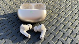 Huawei FreeBuds Pro 5 outside, near some daffodils, in the afternoon sun