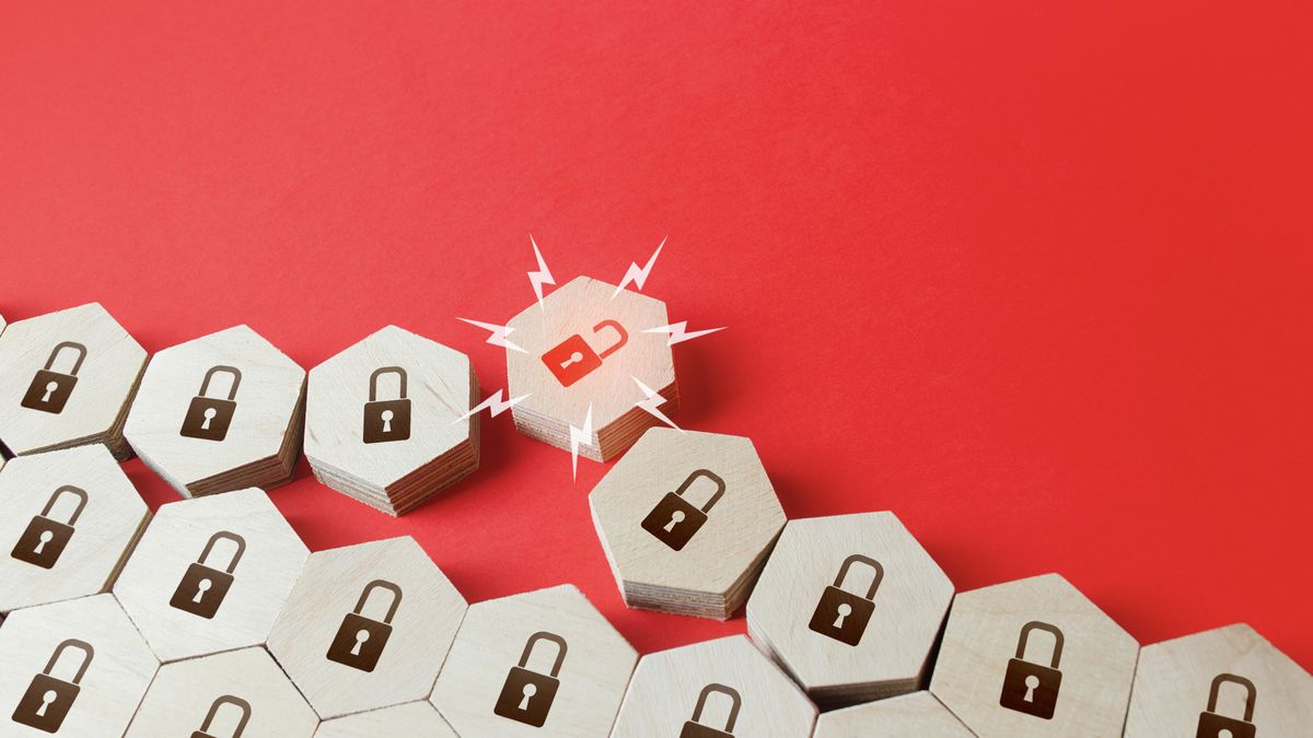 Graphic with hexagonal tiles with a lockpad and one tile with an unlocked lock pad against a red background