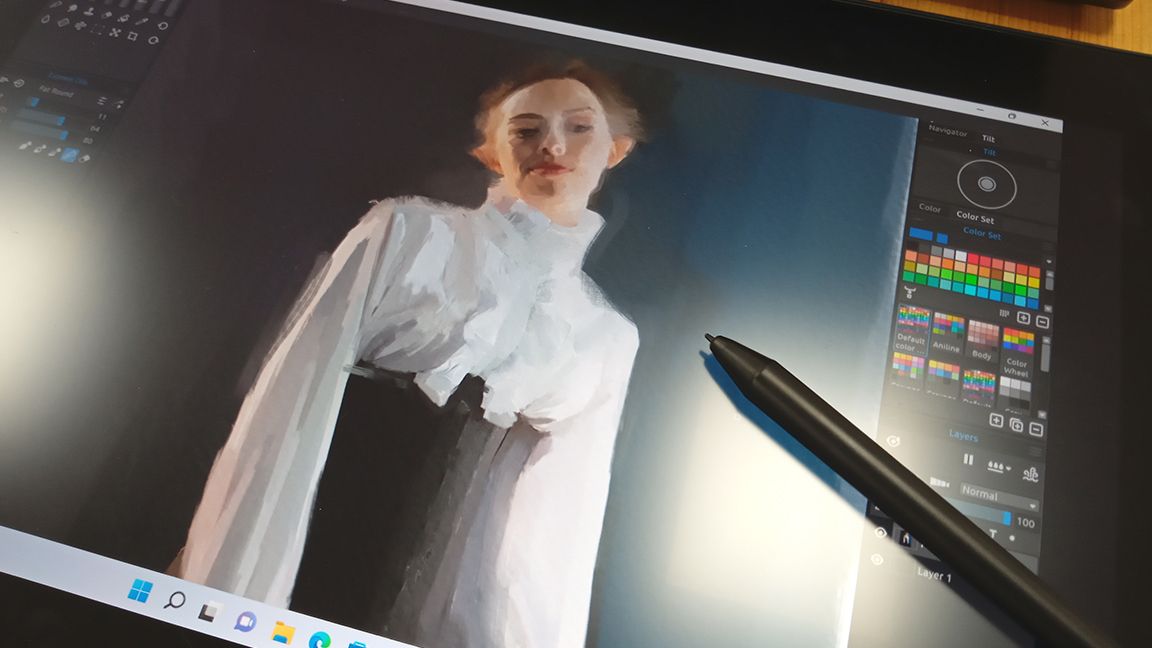 XP-Pen Artist 16 (2nd gen) review; a photo of a stylus on a pen display screen