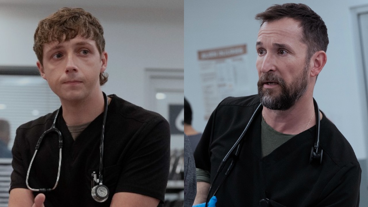 डावीकडून उजवीकडे: व्हिटेकरच्या भूमिकेत गेरान हॉवेल उजवीकडे पाहत आहे आणि पिटमध्ये डावीकडे पाहत असलेल्या रॉबीच्या भूमिकेत नोहा वायल. दोघेही चिंतेत दिसत आहेत.