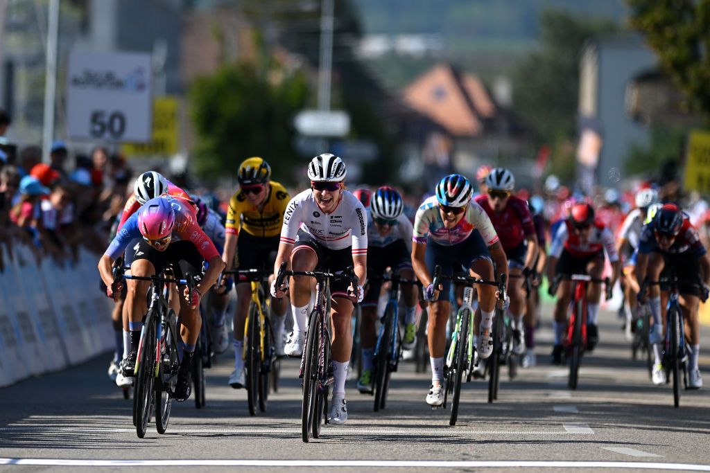 YVERDONLESBAINS SWITZERLAND SEPTEMBER 15 LR Stage winner Sofia Bertizzolo of Italy and UAE Team ADQ Carina Schrempf of Austria and Team FenixDeceuninck and Soraya Paladin of Italy and CanyonSRAM Racing Team sprint at finish line during the 2nd Tour de Romandie Feminin 2023 Stage 1 a 1441km stage from YverdonlesBains to YverdonlesBains UCIWWT on September 15 2023 in YverdonlesBains Switzerland Photo by Dario BelingheriGetty Images