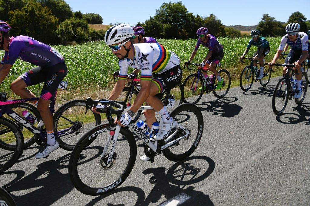 LAGUARDIA SPAIN AUGUST 23 Julian Alaphilippe of France and Team QuickStep Alpha Vinyl competes during the 77th Tour of Spain 2022 Stage 4 a 1524km stage from VitoriaGasteiz to Laguardia 627m LaVuelta22 WorldTour on August 23 2022 in Laguardia Spain Photo by Justin SetterfieldGetty Images