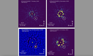 Four direct images of the brown dwarf HIP 21152 B captured using the Subaru Telescope and Keck Observatory. The brown dwarf lies in the Hyades cluster, about 150 light-years from Earth. 