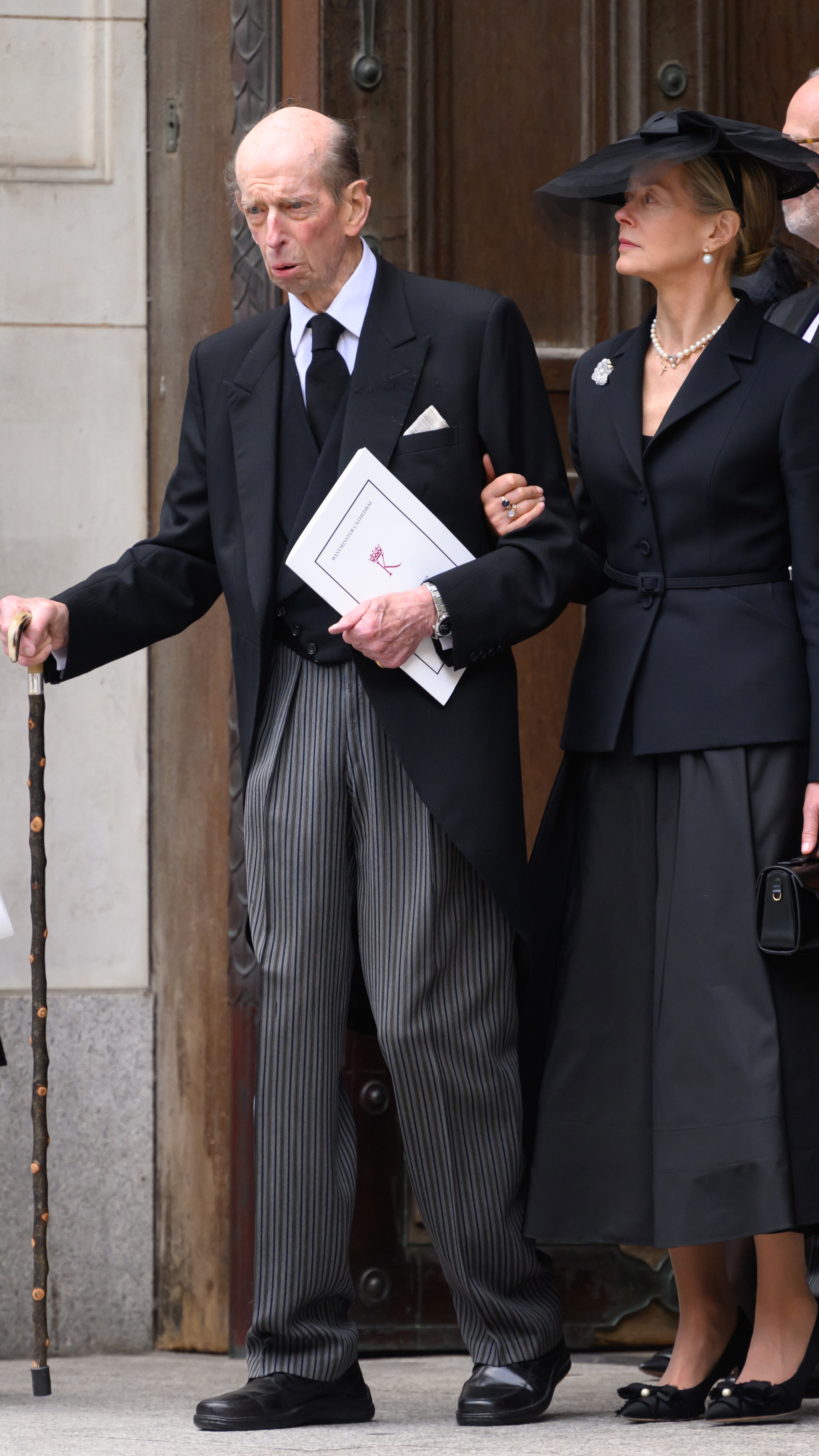 Prince Edward, Duke of Kent and Lady Helen Taylor leave after the Requiem Mass service for Katharine, Duchess of Kent at Westminster Cathedral on September 16, 2025