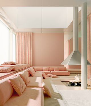 Pink sofas in Andrés Reisinger NFT house, called Winter House