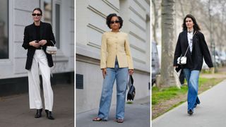 A composite of street style influencers showing jeans be business casual slim fit