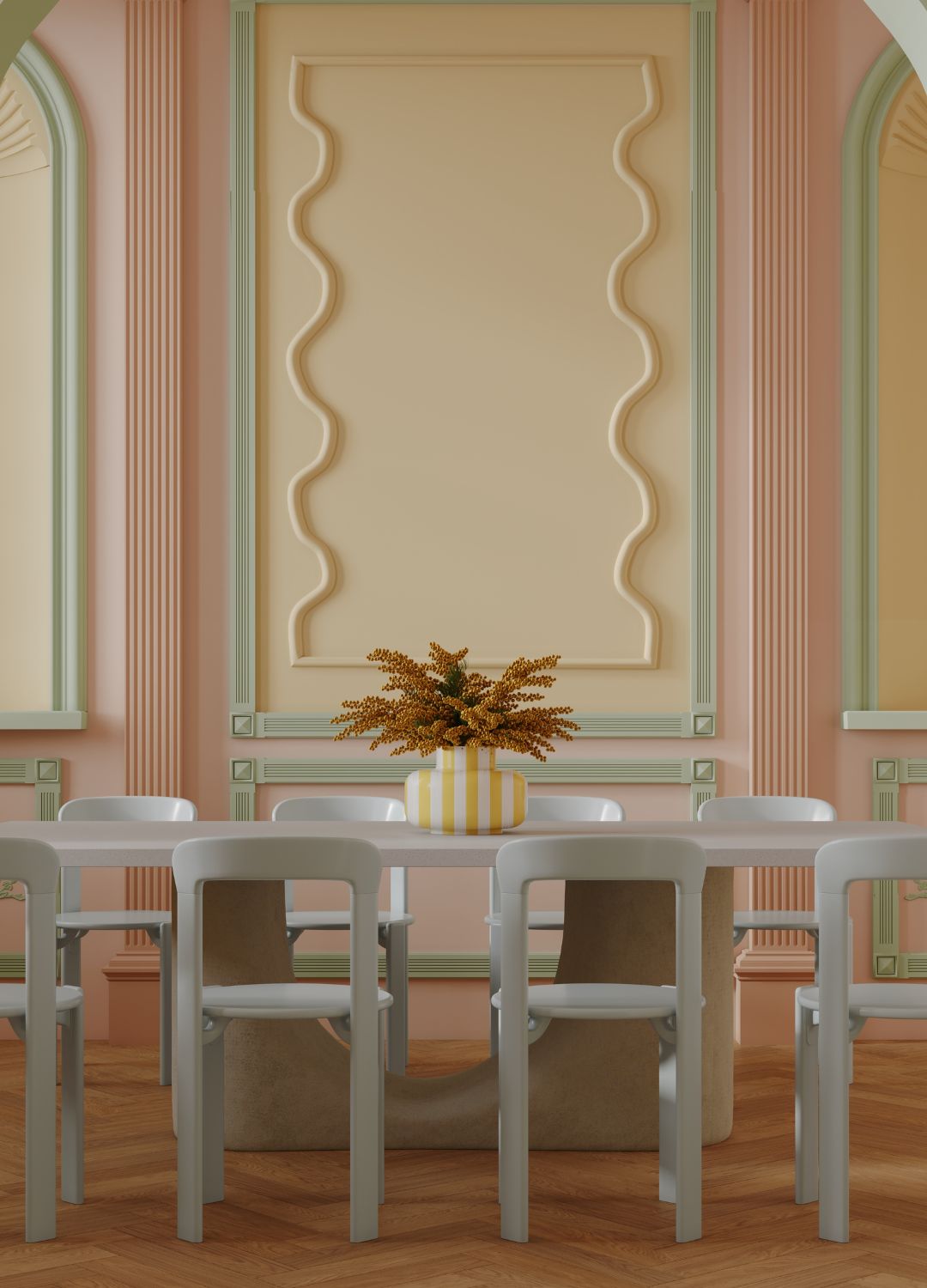 picture of dining table with panelling painted in yellow