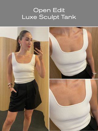 Editor trying on the best white tank tops.