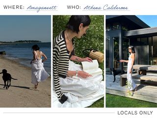 A collage of images featuring Athena Calderone and her travel guide to the Hamptons.