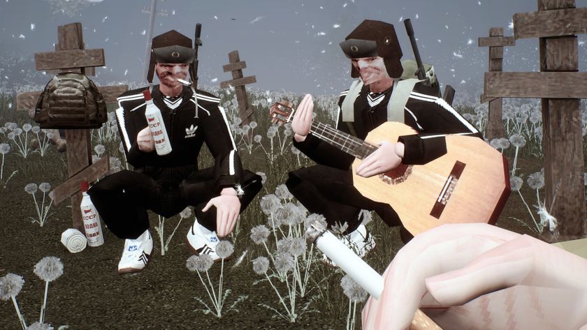 A player smokes a cigarette in first person while their comrades drink vodka and play a guitar in Misery.