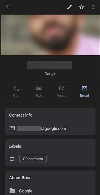 Google Contacts screen with new information cards