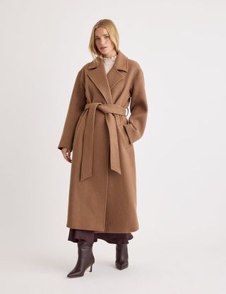 Camel Belted Wool Blend Coat