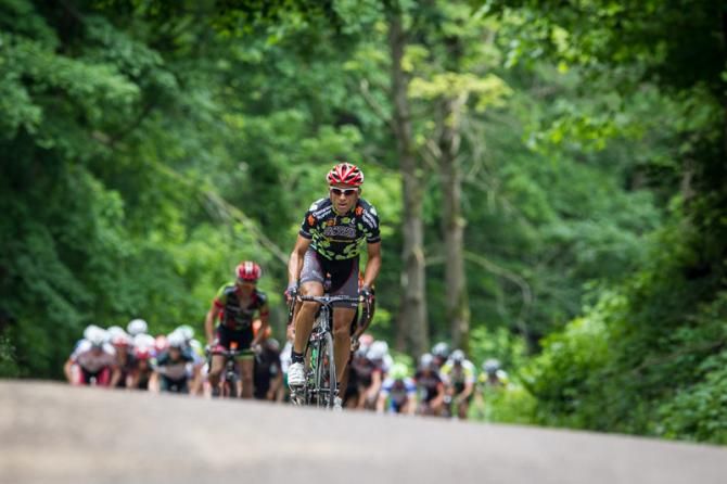 Janier Acevedo (Jamis-Hagens Berman) leads the field up one of today's climbs.