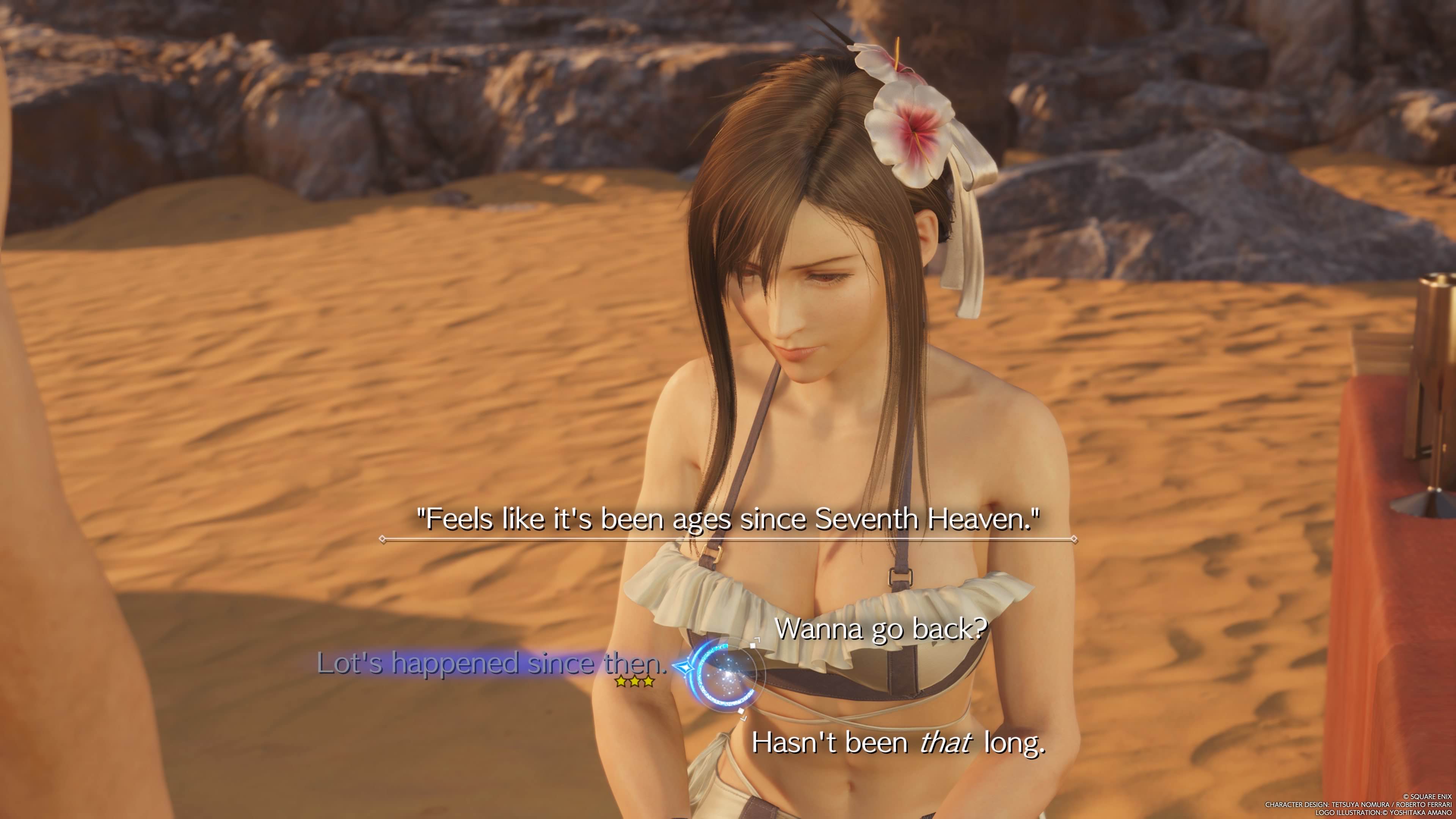 FF7 Rebirth Tifa romance guide - Tifa sitting on the beach after the fight in Costa del Sol, tell her "Lot's happened since then."