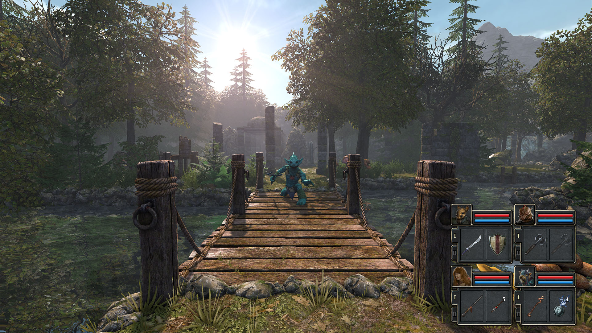 A character crossing a bridge in Legend of Grimrock II