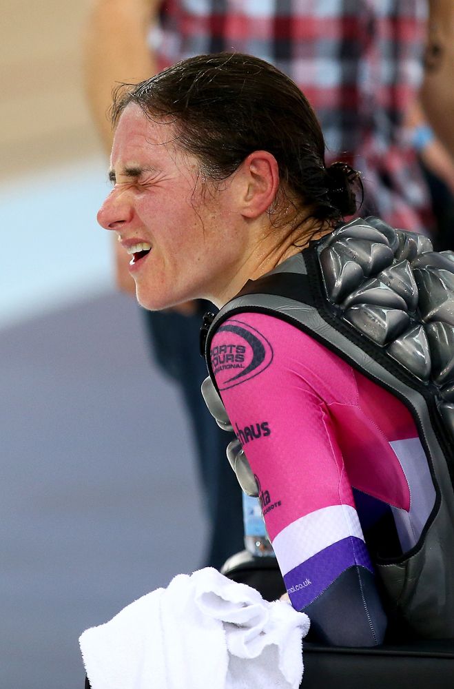 Dame Sarah Storey reacts after her Women's Hour Record attempt at the Lee Valley Velodrome.