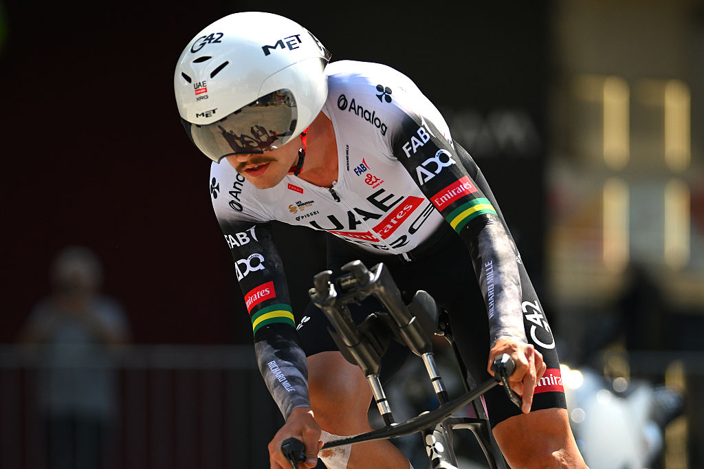 TIRANA ALBANIA MAY 10 Jay Vine of Australia and Team UAE Team Emirates XRG competes during the 108th Giro dItalia 2025 Stage 2 a 137km individual time trial stage from Tirana to Tirana UCIWT on May 10 2025 in Tirana Albania Photo by Tim de WaeleGetty Images