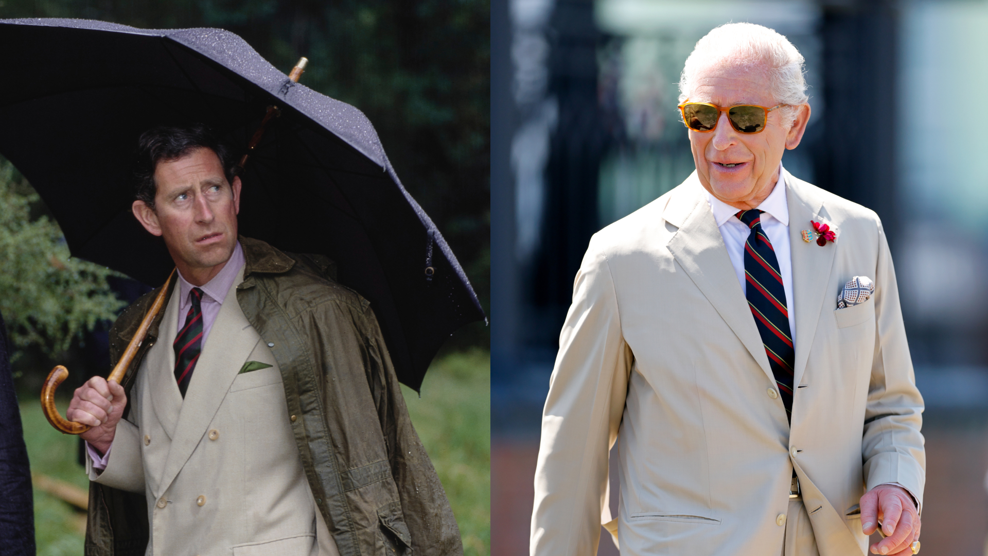 King Charles holding an umbrella; King Charles in a tan suit and sunglasses