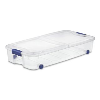 A clear plastic underbed plastic storage box with blue wheels and latches