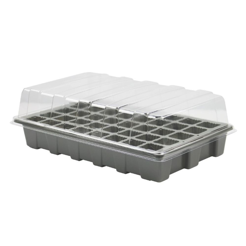 Grey seedling tray with plastic cover