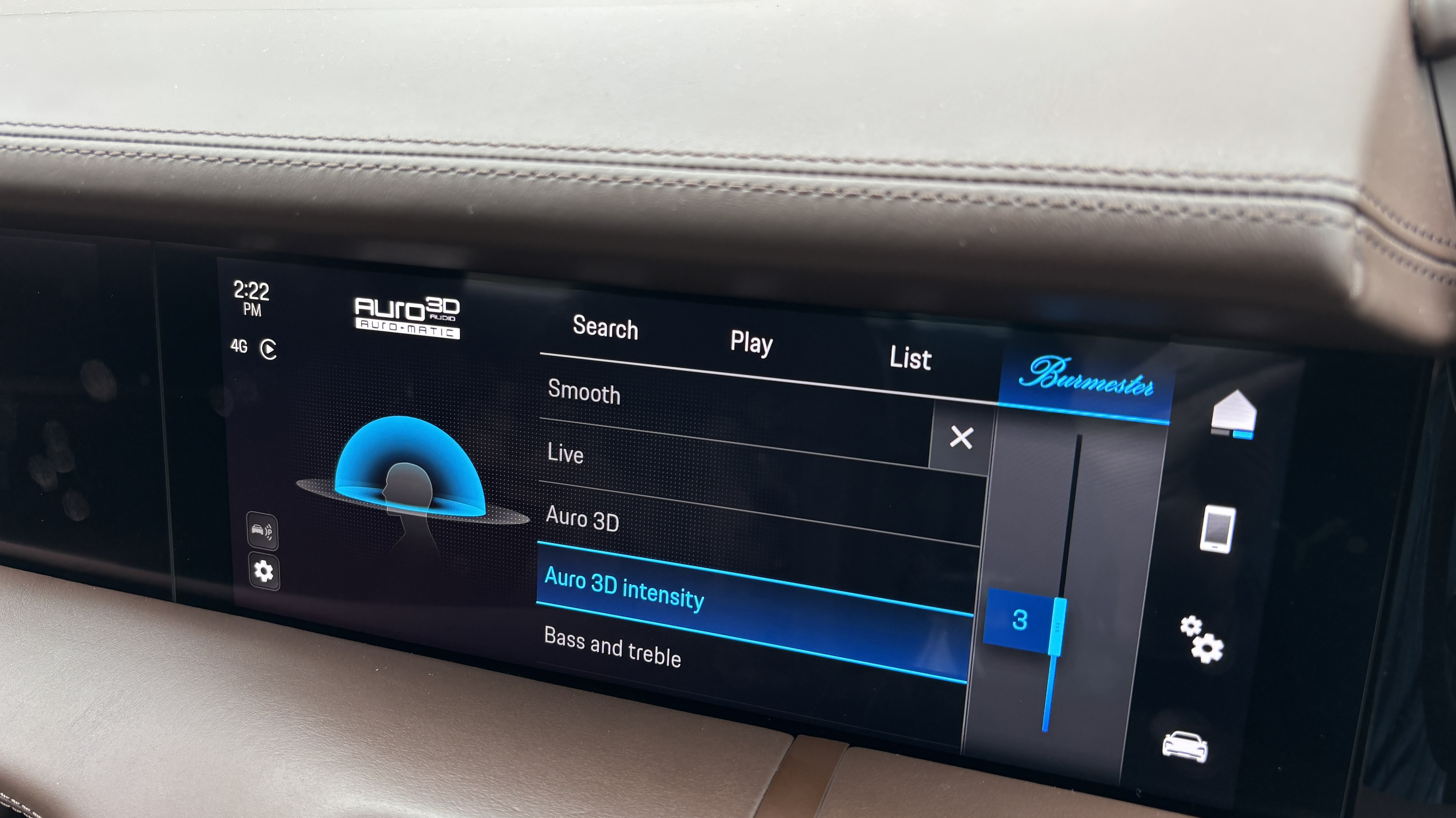Auro 3D sound menu on the display of a Porsche Taycan