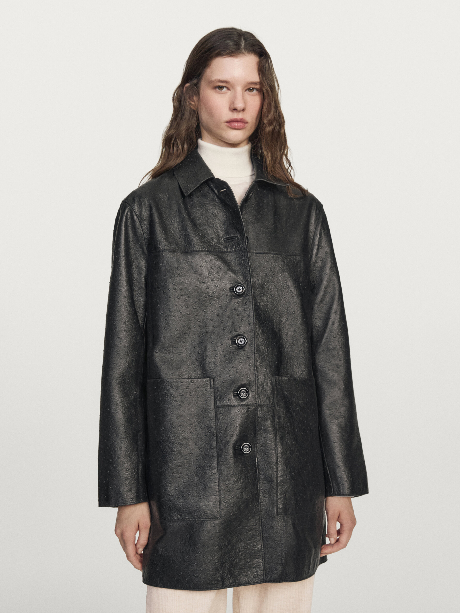 Long Textured Nappa Leather Coat