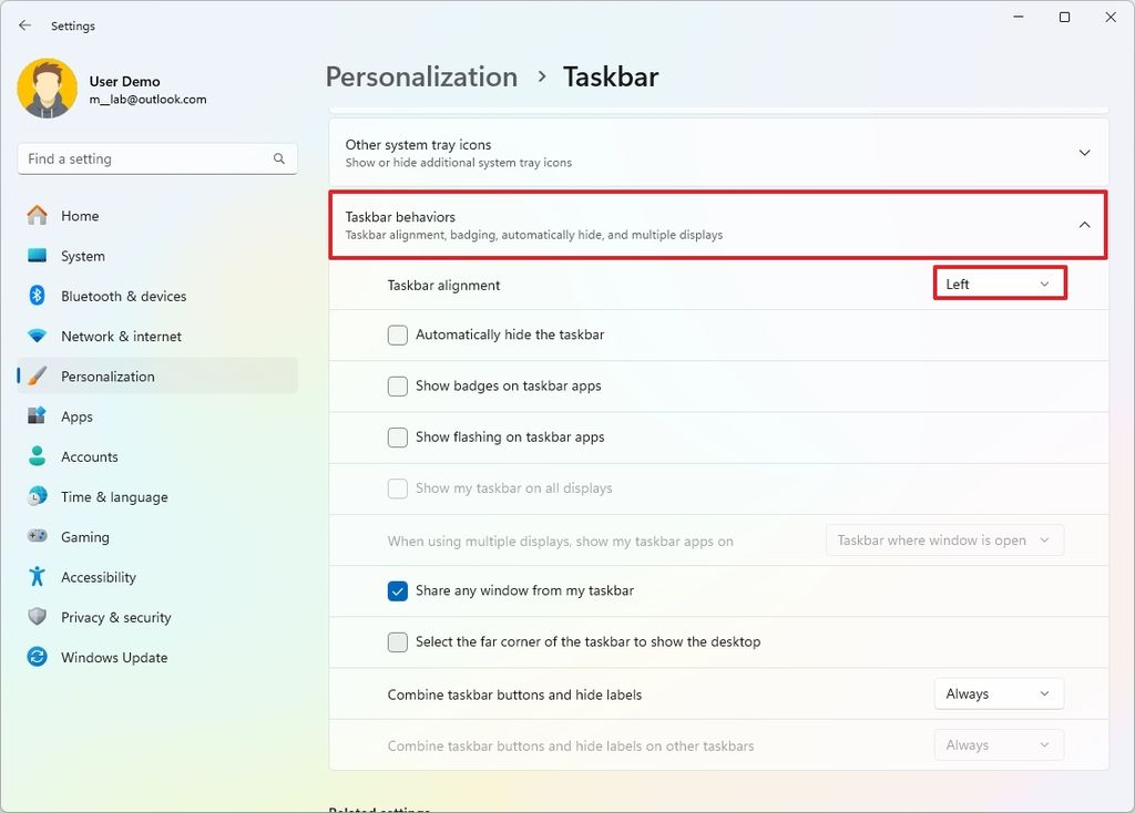 Taskbar settings move Start menu