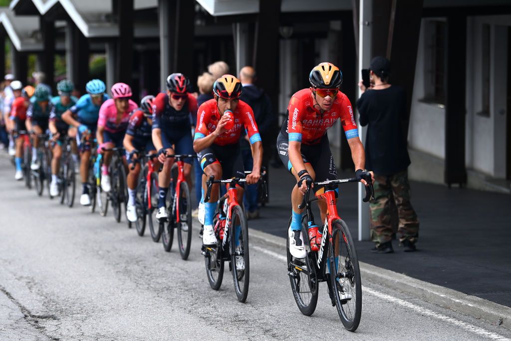 APRICA ITALY MAY 24 Domen Novak of Slovenia and Team Bahrain Victorious competes during the 105th Giro dItalia 2022 Stage 16 a 202km stage from Sal to Aprica 1173m Giro WorldTour on May 24 2022 in Aprica Italy Photo by Tim de WaeleGetty Images