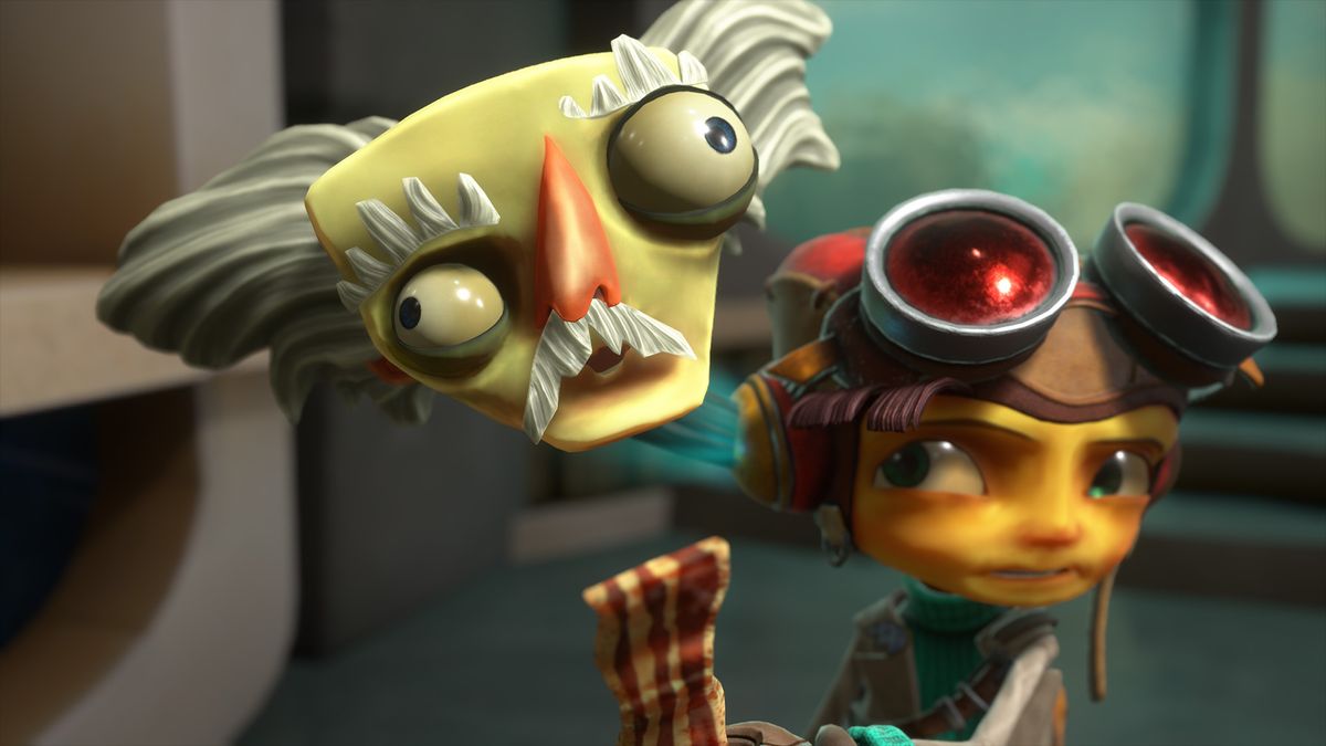 Raz shoes away his old mentor worming his way out of his ear canal in a screenshot from Psychonauts 2.