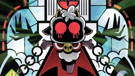 A stained glass window of The Lamb on Troy Little's cover of Cult of the Lamb: Schism Special #1