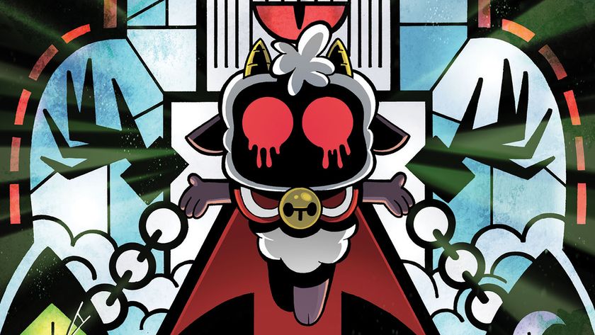 A stained glass window of The Lamb on Troy Little&#039;s cover of Cult of the Lamb: Schism Special #1