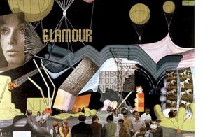 Graphics including a woman's face, hot air balloons and the word "glamour" on a black background