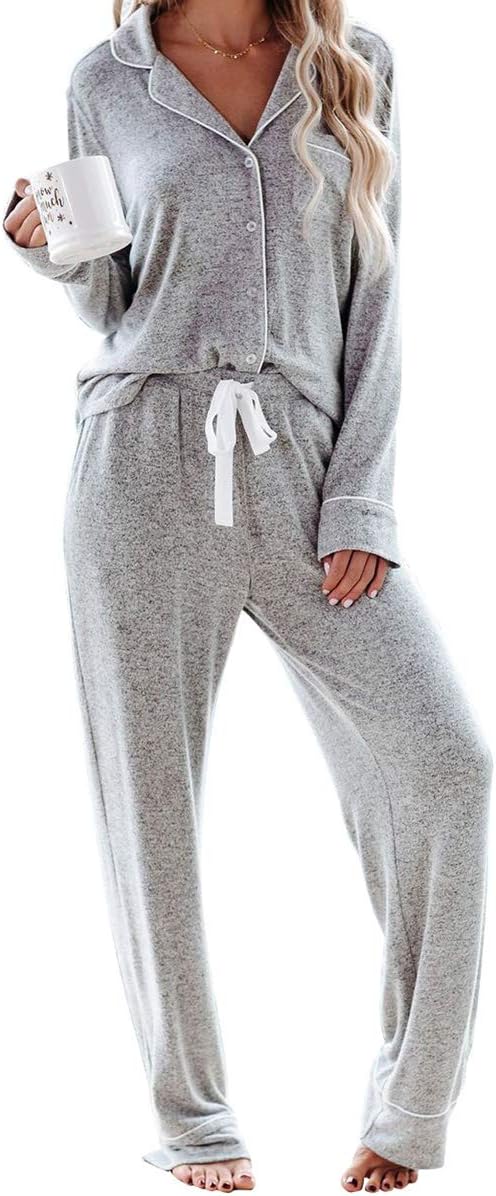 Aamikast Women&#039;s Two-Piece Classic Knit Pajama Sets Long Sleeve Button Down Sleepwear (m, Light Gray)