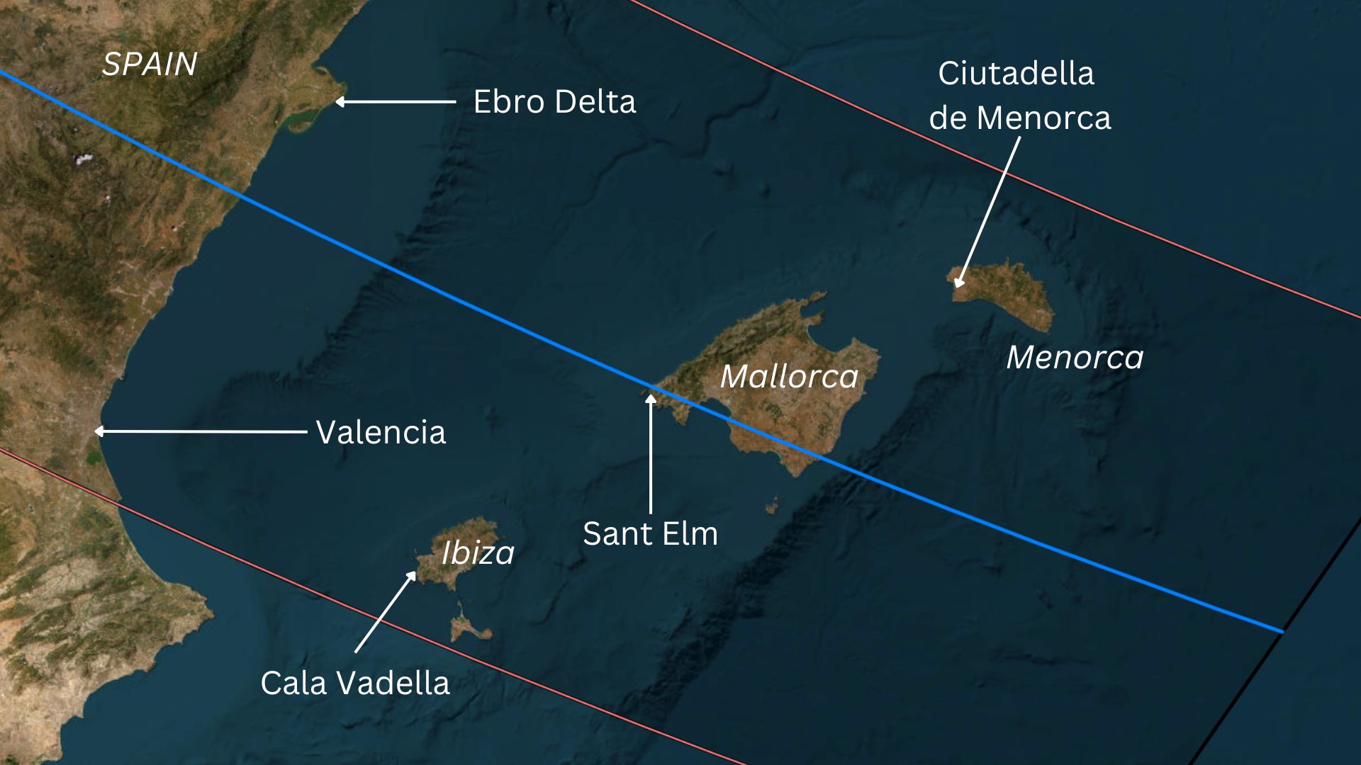 A map of Mallorca, Menorca and Ibiza within the path of totality.