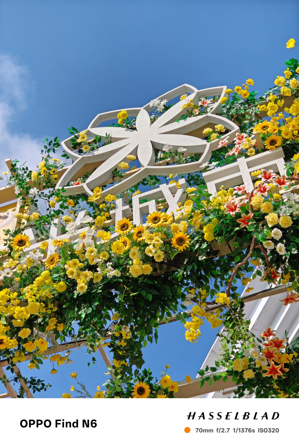 A vibrant, low-angle shot of a large decorative outdoor sign adorned with a dense arrangement of yellow sunflowers, white roses, and red lilies. The sign features a large, white geometric floral star at the top, set against a brilliant blue sky.