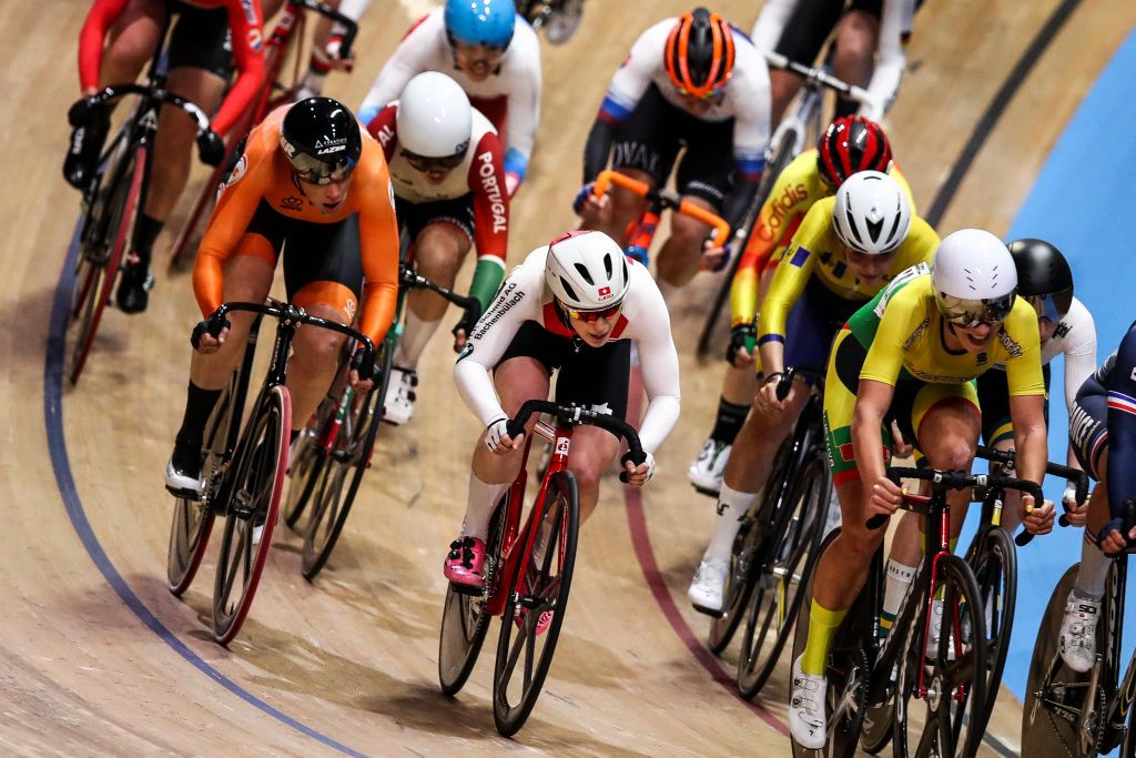 BERLIN GERMANY FEBRUARY 26 Athletes compete during Womens Scratch Race during day 1 of the UCI Track Cycling World Championships Berlin at Velodrom on February 26 2020 in Berlin Germany Photo by Maja HitijGetty Images