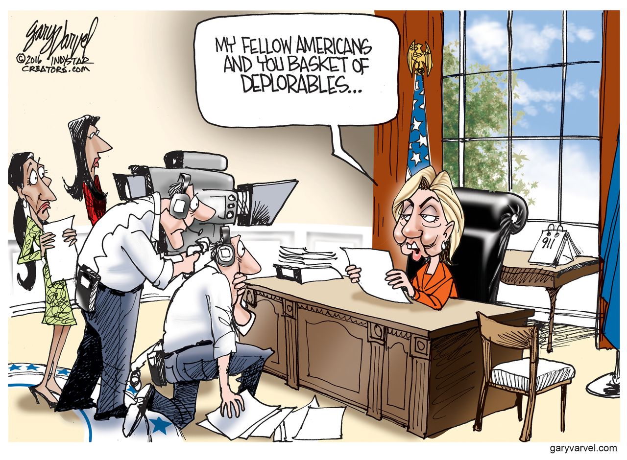 Political cartoon U.S. 2016 election Hillary Clinton addressing Americans and deplorables